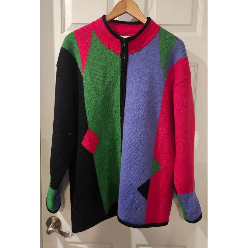 Coldwater Creek‎ 100% Wool Zip Cardigan Sweater Women Large Colorblock Geometric